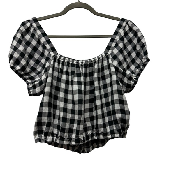 Madewell gingham check puff sleeve button front crop top, black white, medium - Picture 3 of 6
